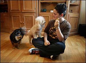 PLAYFUL MOMENT WITH HER DOGS: Dana Kwiatkowski, 17, feeds treats to her poodle, Milo, and Arwen, her Pomeranian, in her living room in Cooper City. Dana, who was hospitalized after her doctor began to reduce her dose of Paxil, is now using other medication to control her depression. JOE RIMKUS JR./HERALD STAFF
